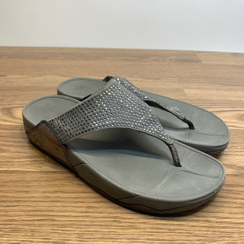 FitFlop ROKKIT Gray Rhinestone Flip-Flop Toning Sandal Womens 10 Wedge Sandals